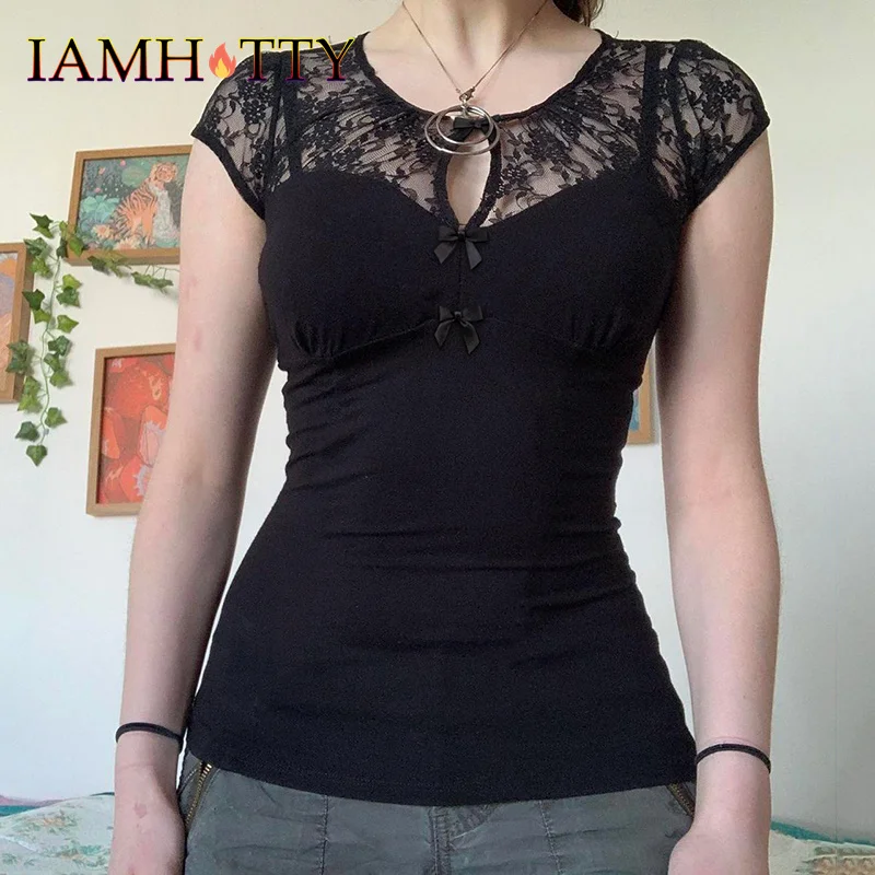 

IAMHOTTY кружевной лоскутный топ с цветочным принтом, черный сексуальный топ с вырезом и бантом, украшенная футболка с короткими рукавами, элегантная одежда для похудения, летняя одежда