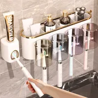 Toothbrush Holder Wall Mounted Toothpaste Squeezer Wall Mount Home Bathroom Cup Storage Rack Without Drilling Shaver Dispenser