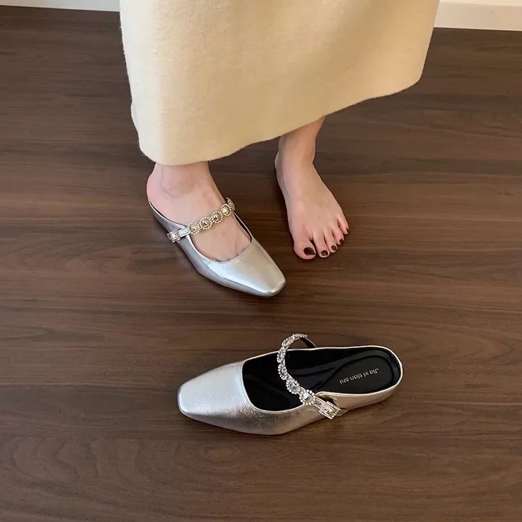 

Shoes Cover Toe Loafers Increased Internal Ladies' Slippers Silver Slides Mary Janes Increased Internal Women's Shoes Silver Cov