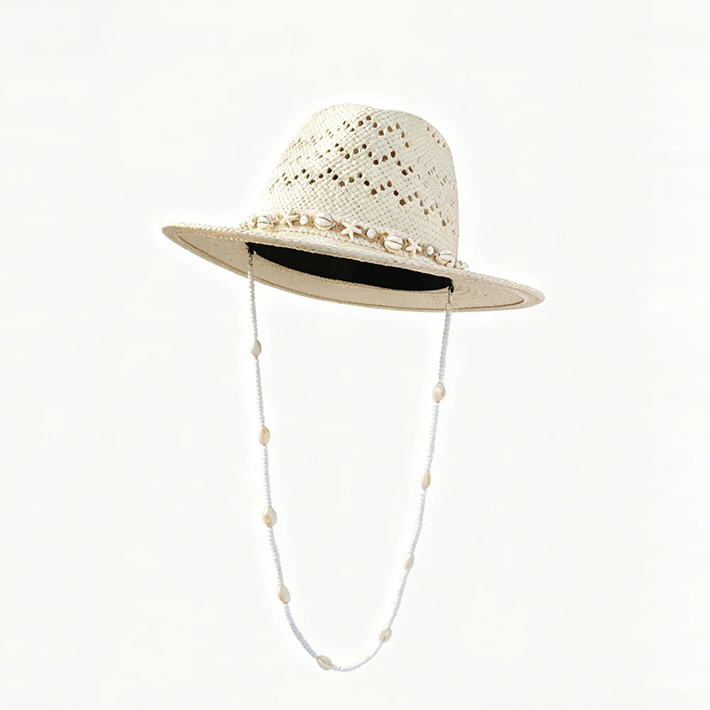 2026 New Boho Summer Straw Hat for Women Breathable Hollow Out Panama Fedora Beach Sun Hat with Sea Shell Pearl Chain Wide Brim