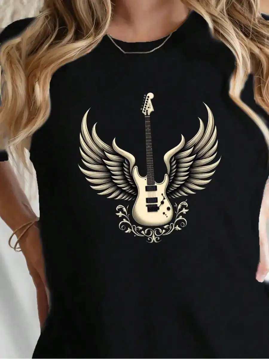 

100% Cotton Teediy Electric Guitar With Wings 190G Women'S Pure T-Shirt, Comfortable Fit Women T-Shirt Print Round Neck Short Sl