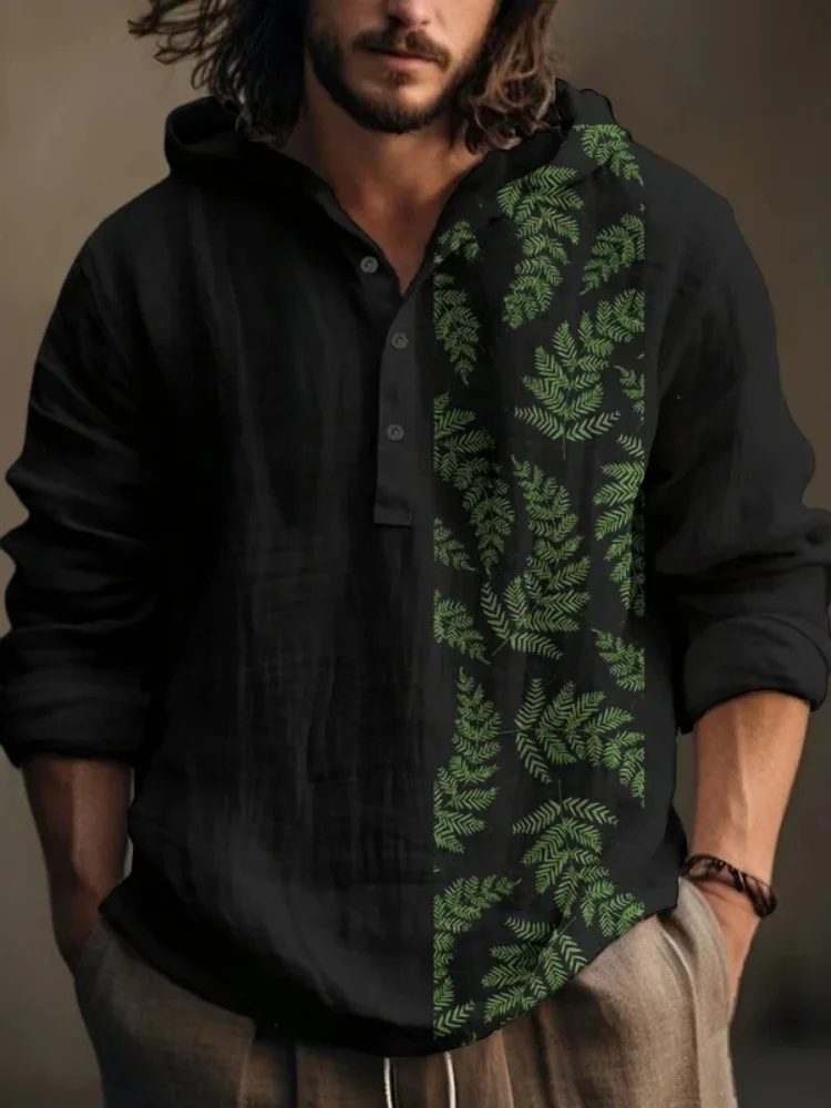 

Autumn Mens Long Sleeve Shirts Men's Leaf Botanical Art Print Hooded Shirt Men Breathable Streetwear Button Tunics Black Tops
