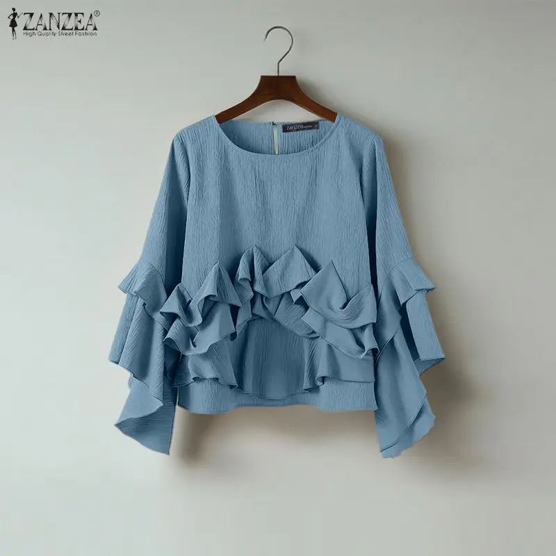 Elegancka bluzka damska z długim rękawem ZANZEA, modna kolekcja 2025, falbaniaste topy, okrągły dekolt, luźna koszula, koreański styl streetwear, bluzki damskie.