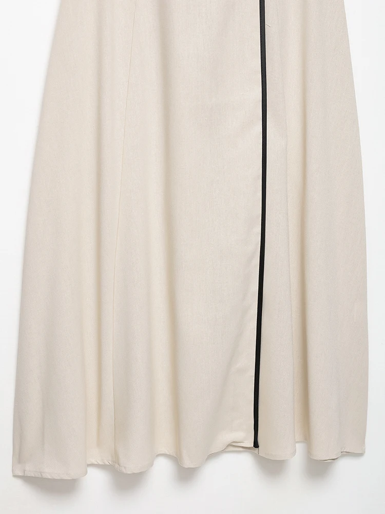 SIYANG Damska Moda z Paskiem Beżowa Sukienka Midi Prosta Jednorzędowa Vintage Dekolt V Bez Rękawów Elegancka Sukienka Damska