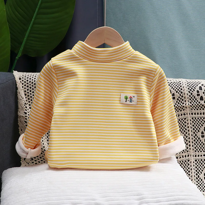 Winter Children Shirts Fleece Warm Tops for Kids Long Sleeve Boys Undershirts Stripe Girl T-shirts Plus Velvet Baby Tees Clothes