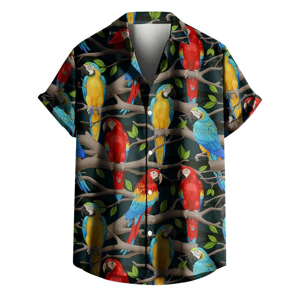 Chemise à imprimé floral perroquet 3D pour hommes et femmes, chemises hawaïennes à manches courtes, chemisier à boutonnage simple, vêtements d'été, mode