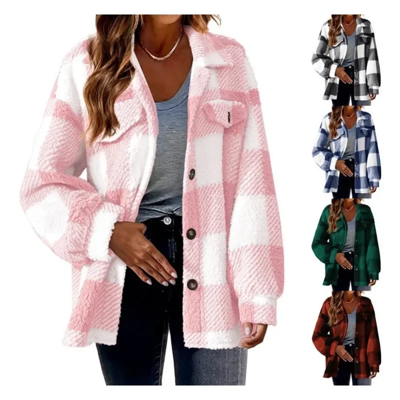 

S-5XL Women's New Autumn and Winter Plaid Jacket with Pocket Button Plush Coat Chamarras Para Mujer Sobretudo Casaco Feminino