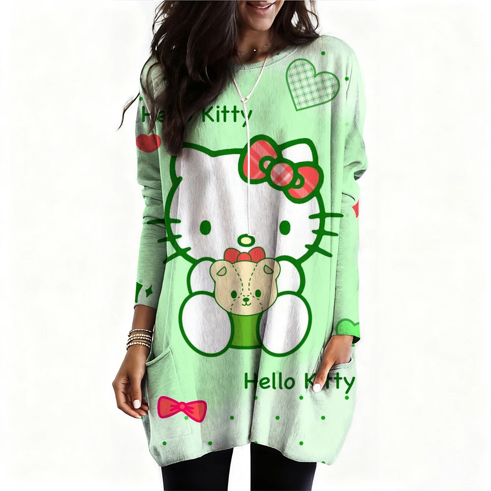 Girl Women's T-shirt Casual Kawaii Hello Kitty Cartoon Pattern Print Tshirt Comfortable Casual Women's Clothing Black Top