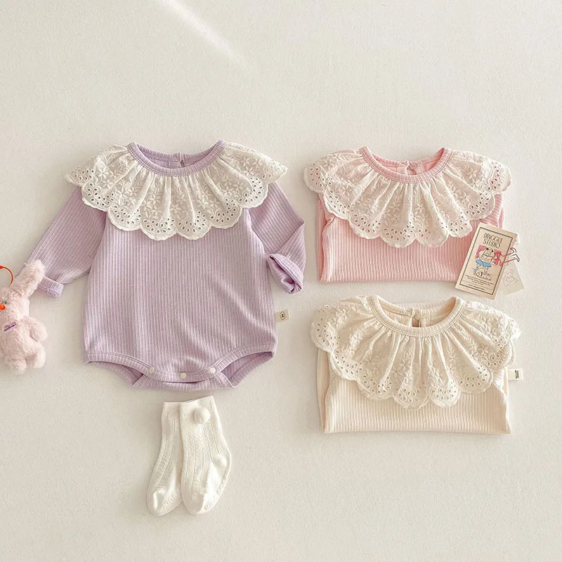 2025 New Spring Lace Collar Soft Ribbon Newborn Baby Girl Romper Adorable Solid Baby Girl Bodysuit for 0-2 Years