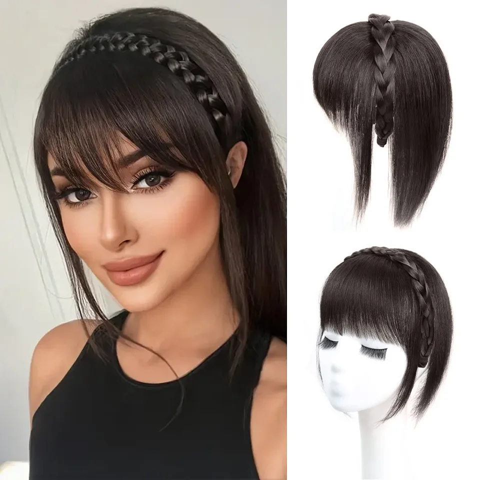 LUPU Chic Braided Headband with Clip-In Hair Topper & Bangs - Natural Look Synthetic Straight Hair Extensions for Women