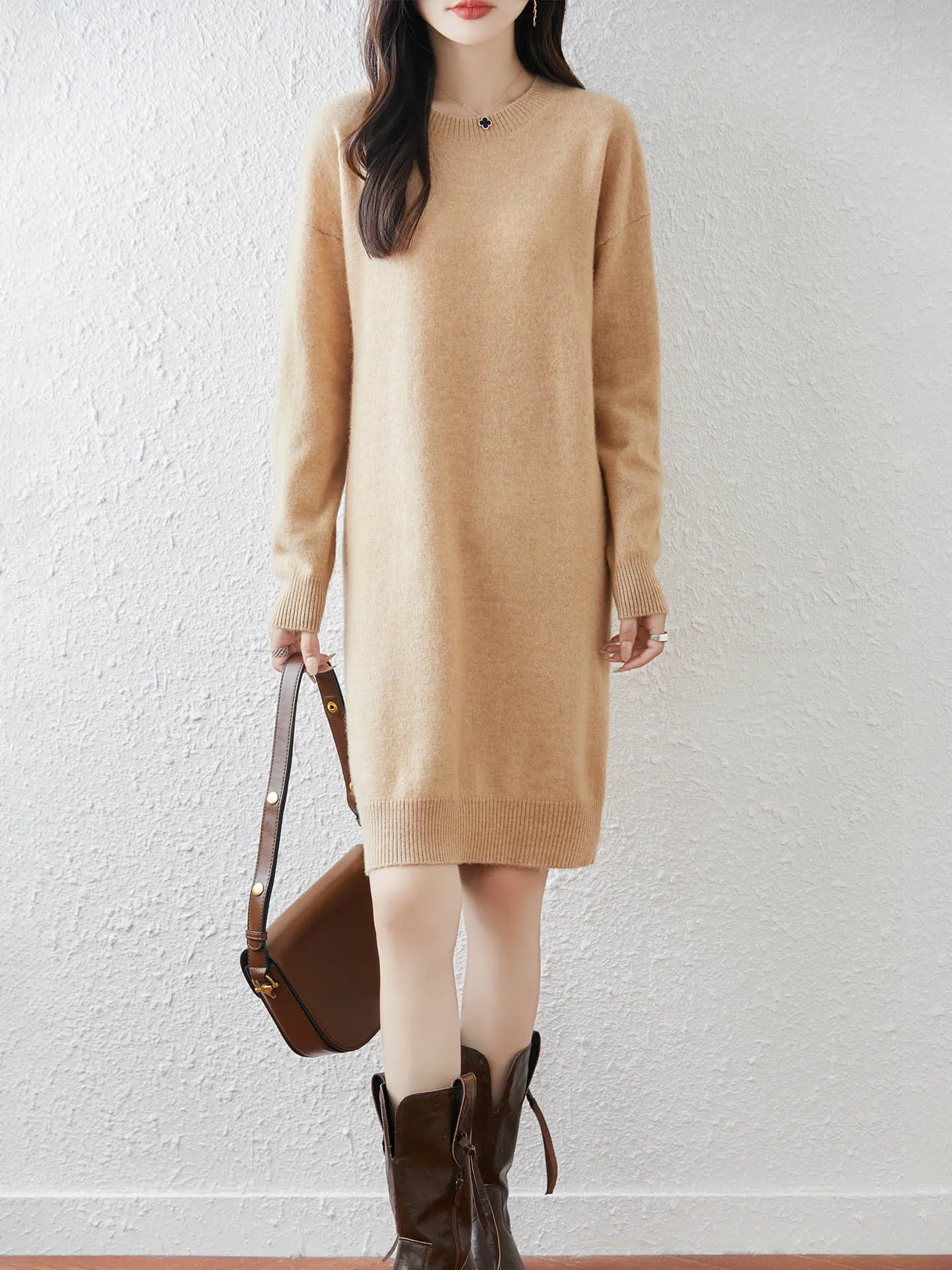 Maglione ampio da donna in lana merino girocollo Camicia sopra la testa in cashmere di media lunghezza Maglieria morbida e confortevole per l'autunno inverno