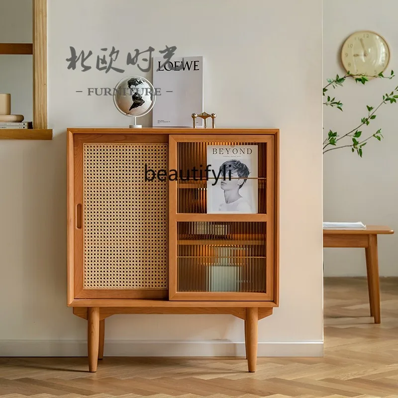 

Nordic Solid Wood Bookcase Modern Minimalist Storage Cabinet Living Room TV Side Cabinet Rattan Japanese Style Locker