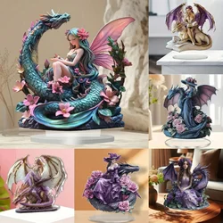 Flower Elf &Dragon Statue,2D Flat Acrylic Fairy Figurine,Home,Office,Cafe,room,Studio,display Case,Table Ornament Decor Kit Gift