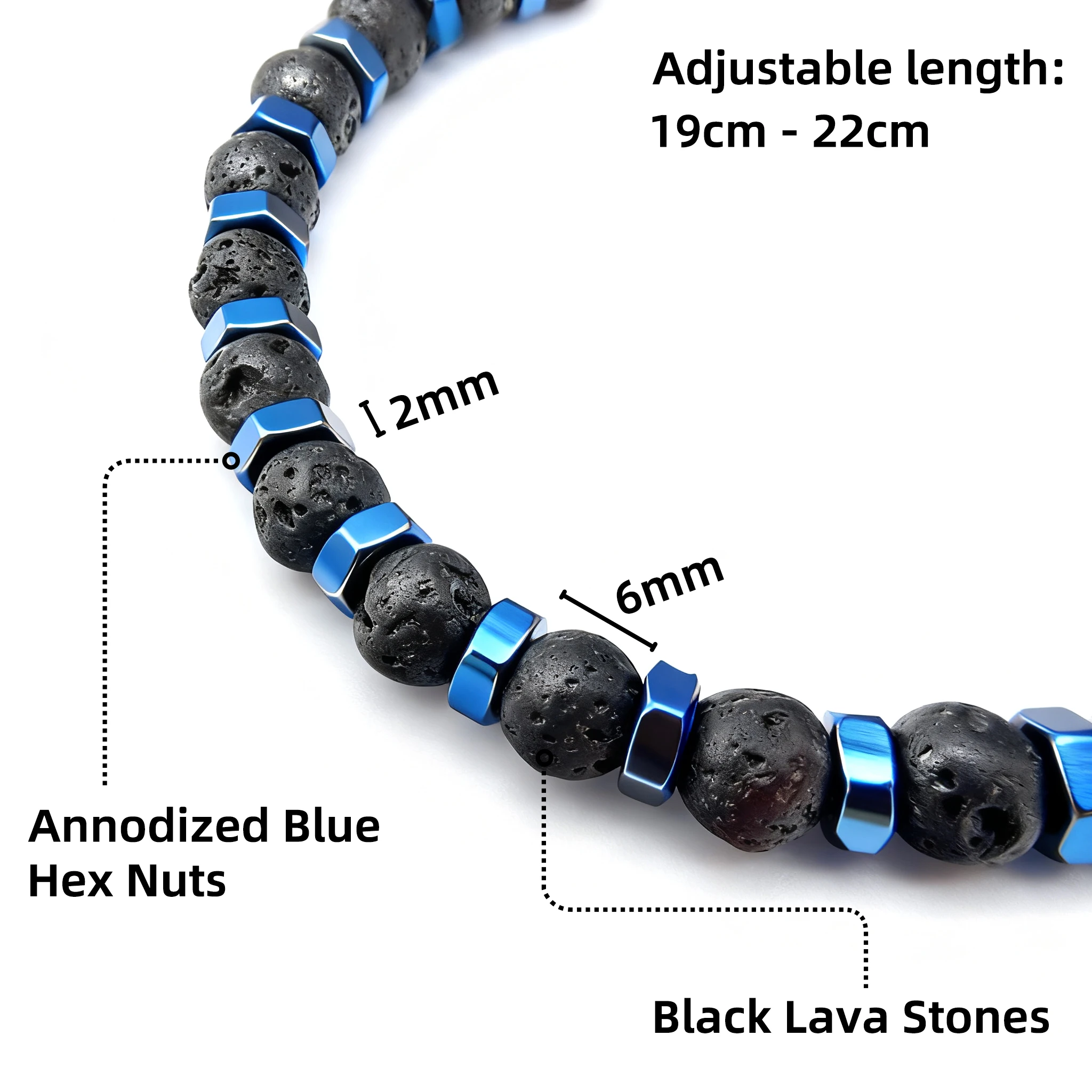 Runda Men\'s Adjustable Bracelet 22cm Black Lava Stone Natural Charm Bead Fashion Accessory with Stainless Steel