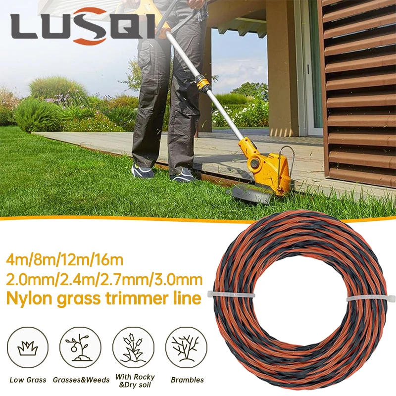 LUSQI 16m/12m/8m/4m*2mm/2.4mm/2.7mm/3mm Orange-Black Spiral Grass Trimmer Line Nylon Cutting Cord Replacement Striping Rope