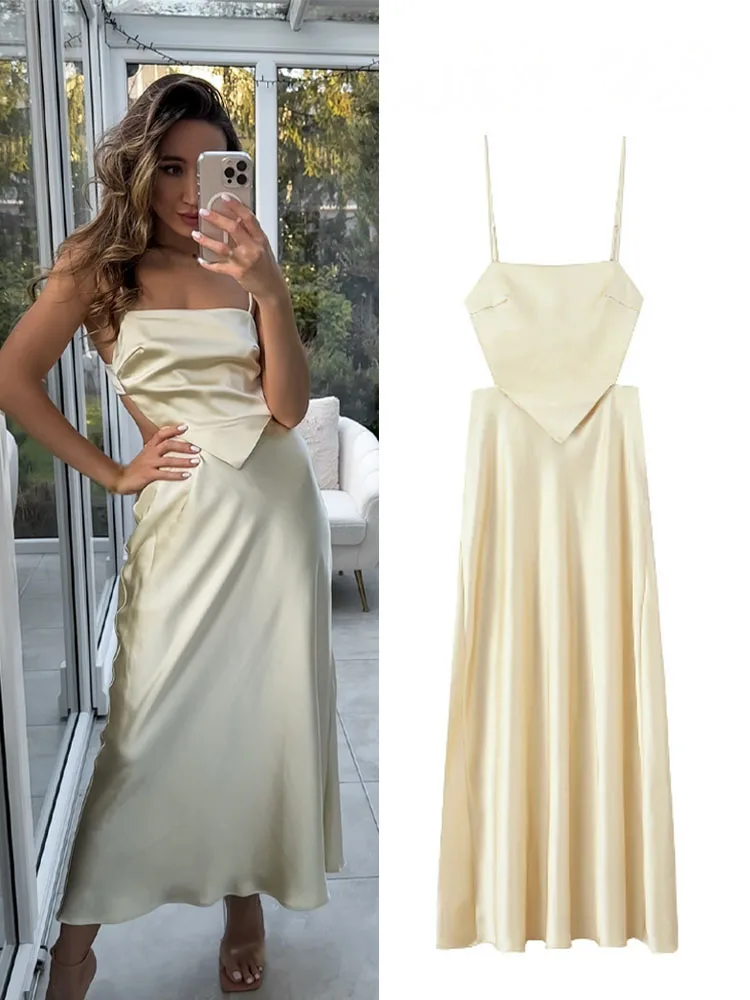 여름 여성 비치 스타일 사이드 지퍼 슬리브리스 백리스 레이스업 장식 드레스 여성 솔리드 새틴 텍스처 슬링 드레스