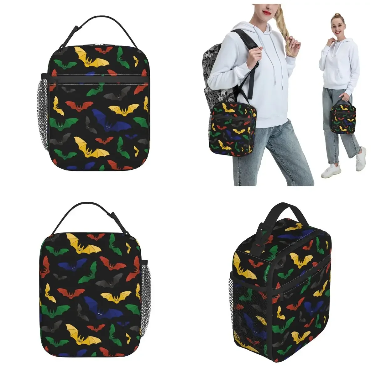 Colorful Bat Halloween Insulated Lunch Bag Leakproof Lunch Container Cooler Bag Tote Lunch Box School Outdoor Food Storage Bags