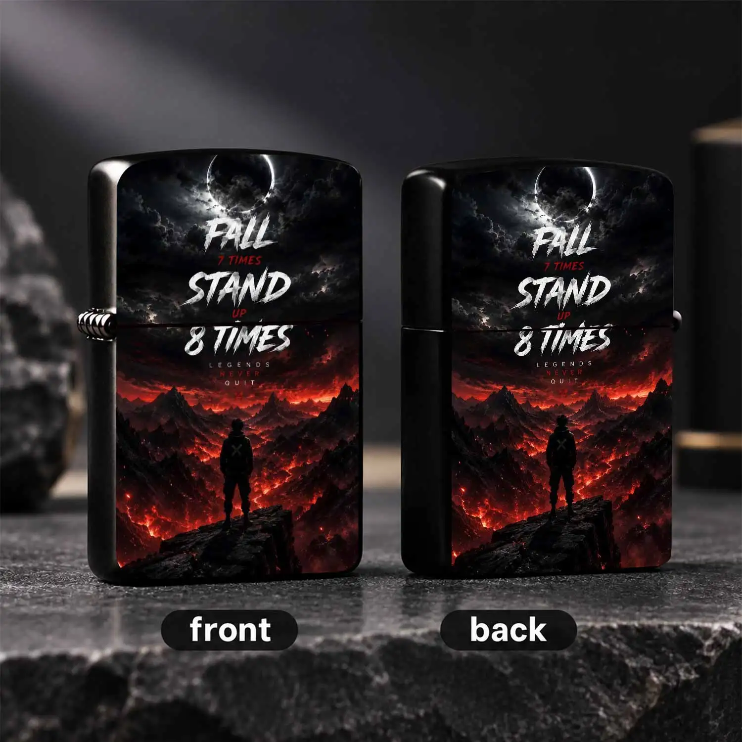 Motivational Lighter, Fall 7 Times Stand Up 8 Times Print Portable Lighter for Daily Outdoor Use, Cool Dark Scenery Pattern Ideal Gift for People Who Pursue Unbeatable Spirit A Humorous And Interestin A Humorous And Interesting Lighter