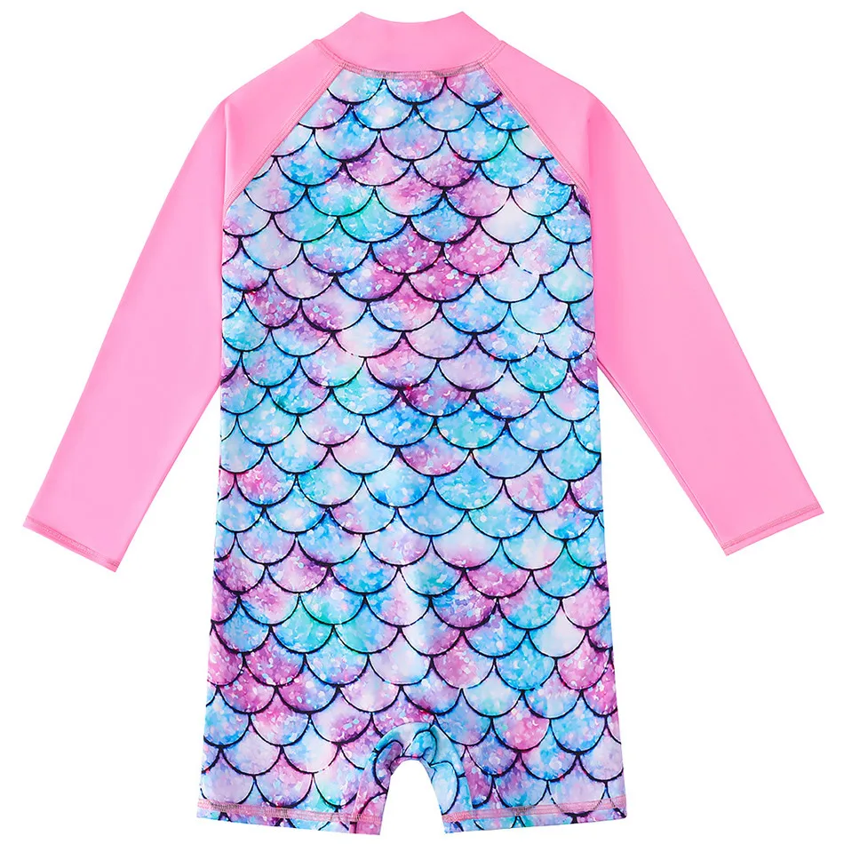 Mermaid Fish Scale Prints Baby Girl Swimwear Children One Piece Suits Long Sleeve Girls Swimwear UPF 50+ Toddler Swimming Suit