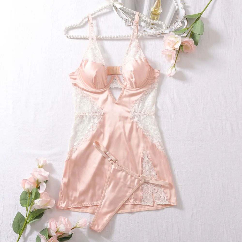 2 Pcs Pajamas and Thongs Set Sexy Hollow Silk Satin Underwear for Women Lace Temptation V-neck Open Fork Tight Sleeping Skirt view 6