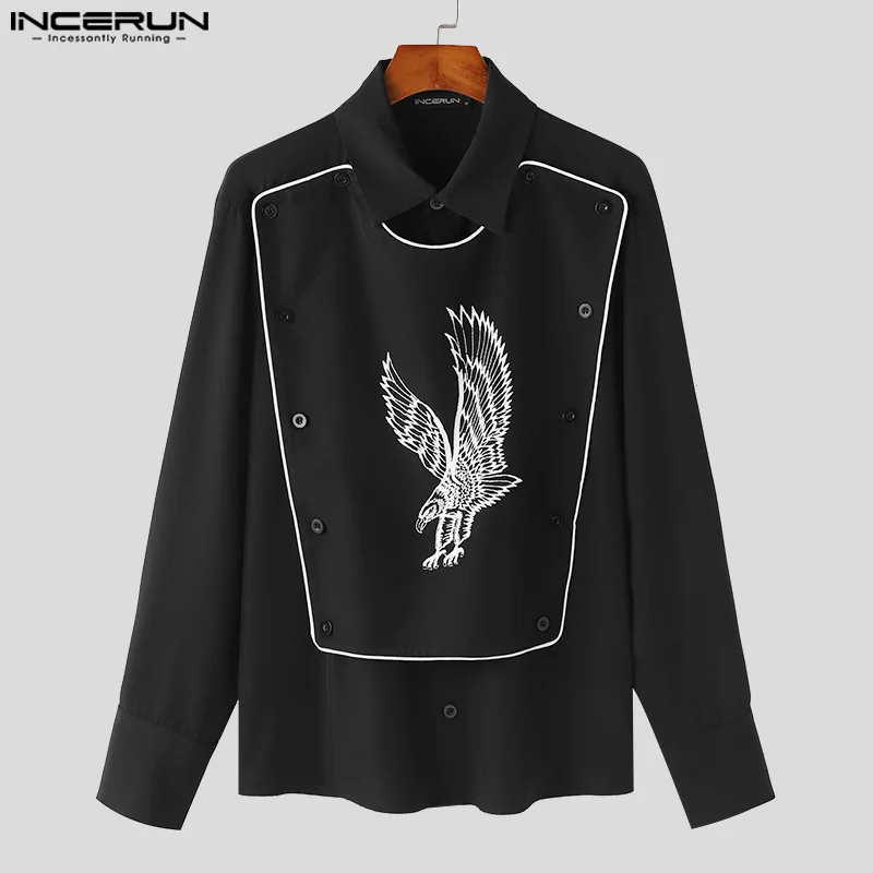 INCERUN Tops 2024 Handsome Men\'s Personality Printing Patchwork Line Design Shirts Stylish Hot Selling Long Sleeved Blouse S-5XL