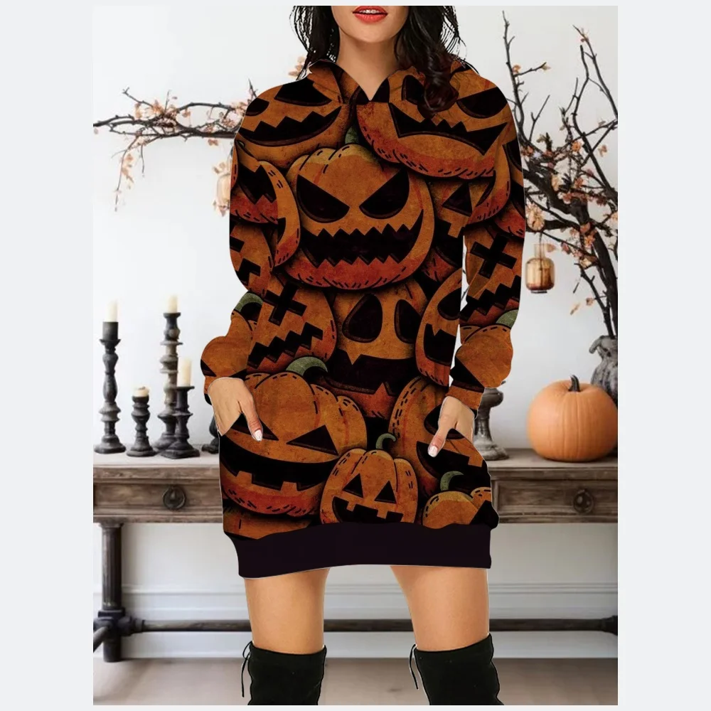 Evil Pumpkin Halloween Hoodies Fall Streetwear Pumpkin Pullover Sweatshirt Dresses Oversize Halloween Sweatshirts Short Dresses