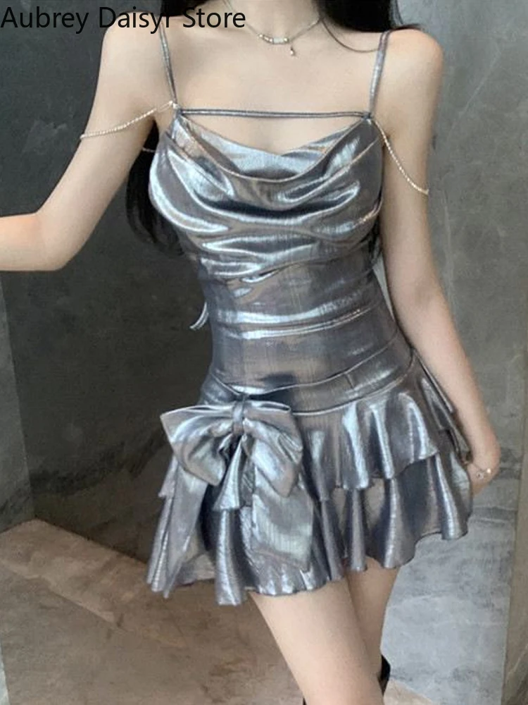 Sexy Mini Bodycon Dress Women Summer Ruffle Bow Design Y2k Short Party Dress 2024 Casual Evening Vacation Party Strap Dress Y2k