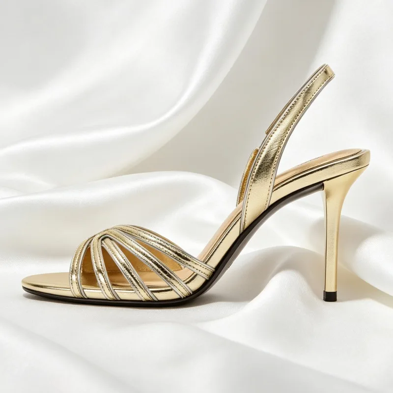 Fashion Gold Metalized Pattern Heeled Sandals Women Unique Narrow Band Design Slingback Heels Sexy Round-toe Open-toe Dress Shoe