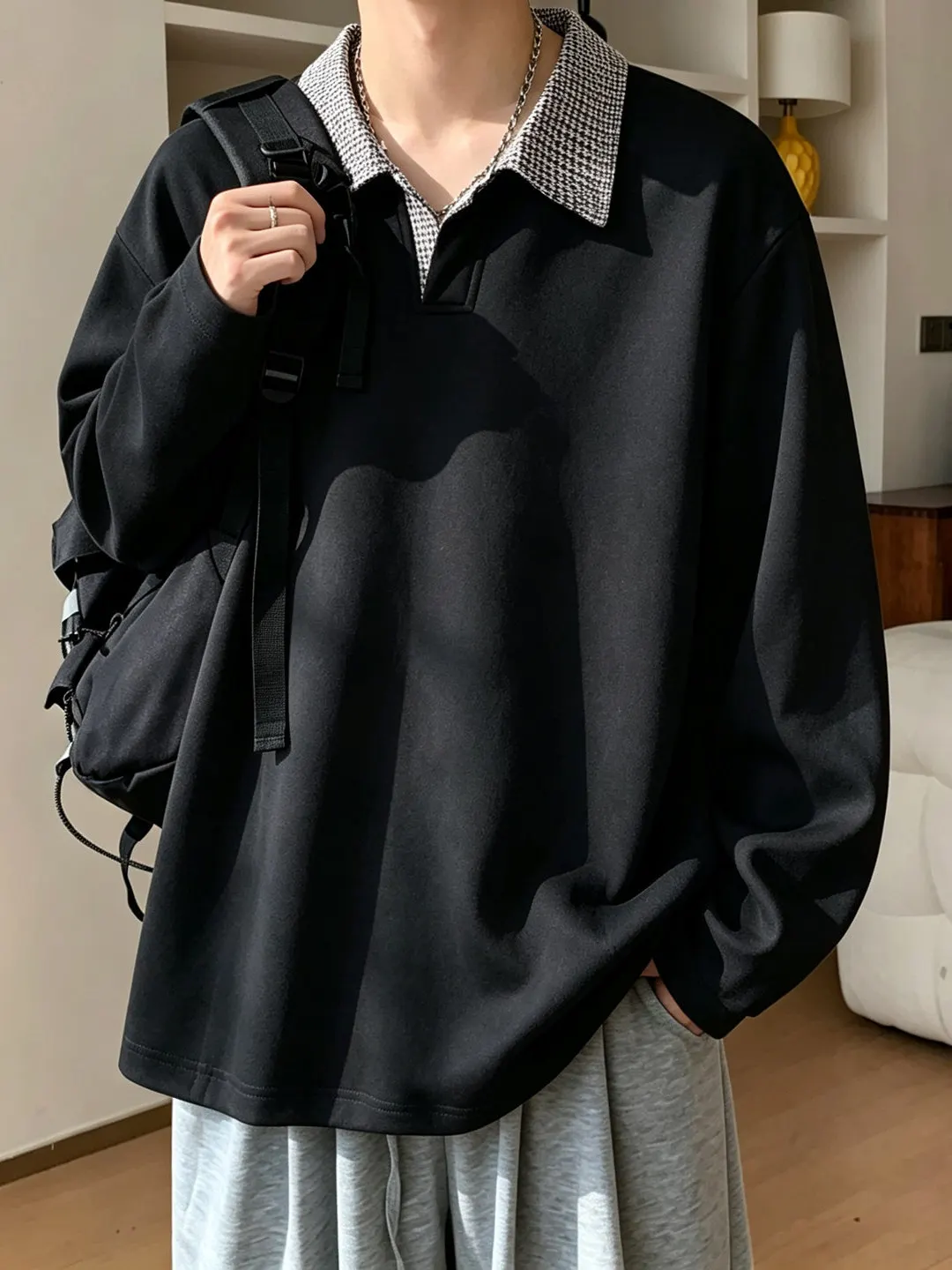Color Block Long Sleeve  Shirt Hoodie Men's Spring Autumn Loose Casual Versatile Base Layer Top Youth Fashion Basic Style