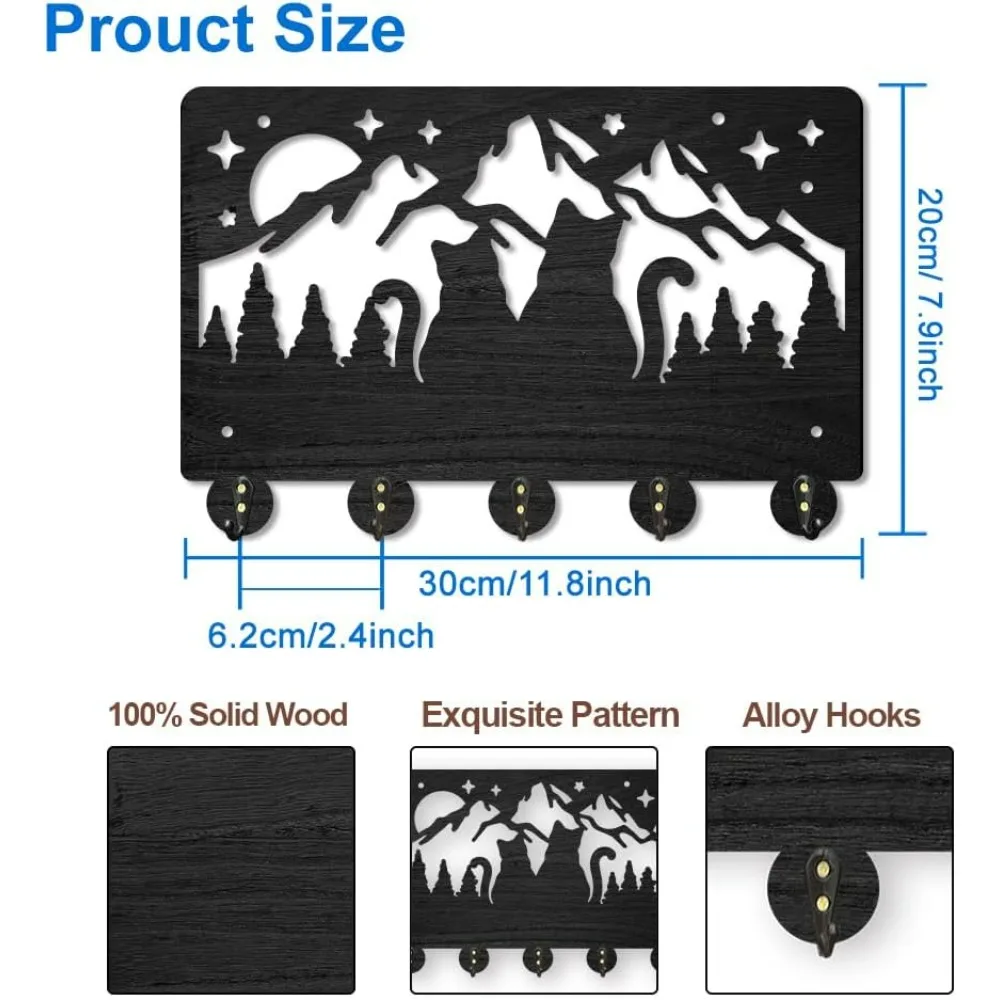 Wood Cat Love Mountain Coat Rack Forest Cat Family Moon Starry Sky Key Hooks for Wall 11.8×7.9inch Black Animal Key Holder