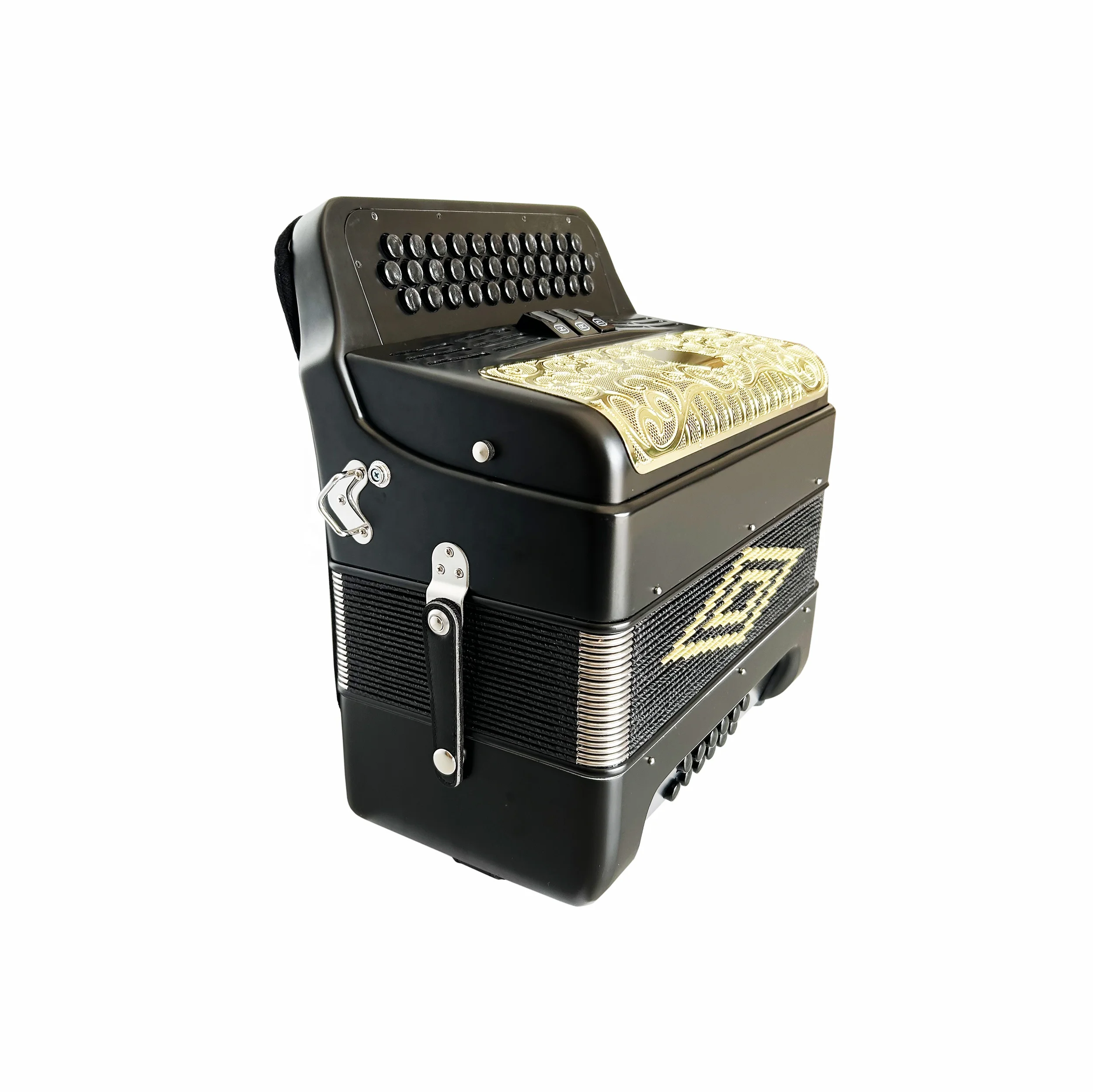 Professional 34-Button 12-Bass 3-Register Black Matt Accordion Instrument Gold Grill Black Button JB3412C Acordeon Musical