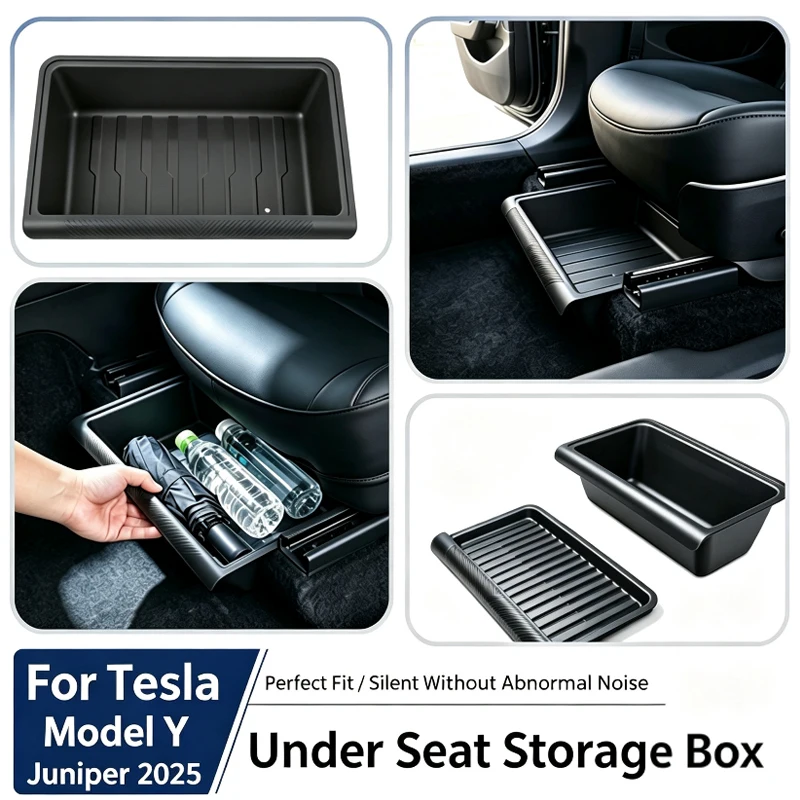 For Tesla New ModelY Juniper 2025 2026 Car Under Seat Storage Box Case TPE Front And Rear Seat Underseat Drawer Tray Accessories