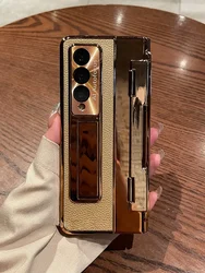 For Samsung Galaxy Z Fold 7 Z Fold 6 Z Fold5 4 3 5G Case with Screen Protector Luxury Leather One-Piece Plating Stand Cover Gold