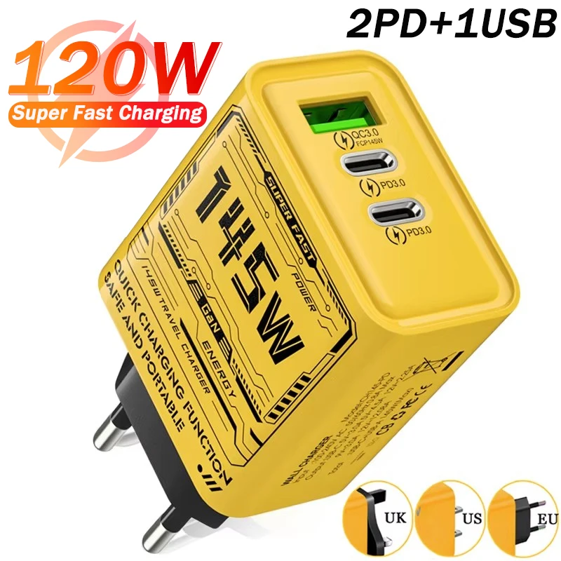 Chargeur USB 145W PD à Charge Rapide, 3 Ports, Prise UE/US/UK, Adaptateur Mural pour iPhone Samsung Huawei Xiaomi Tablette, Charge Rapide du Matin