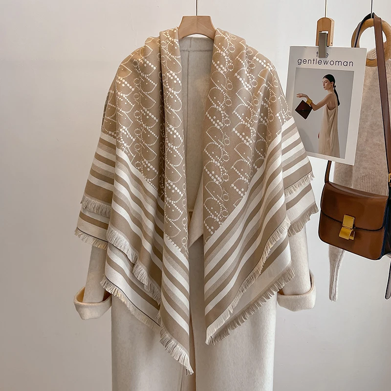 Elegante listrado design cachecol imitação de caxemira macio quente versátil xale à prova de frio à prova de vento cobertor cachecol para outono inverno