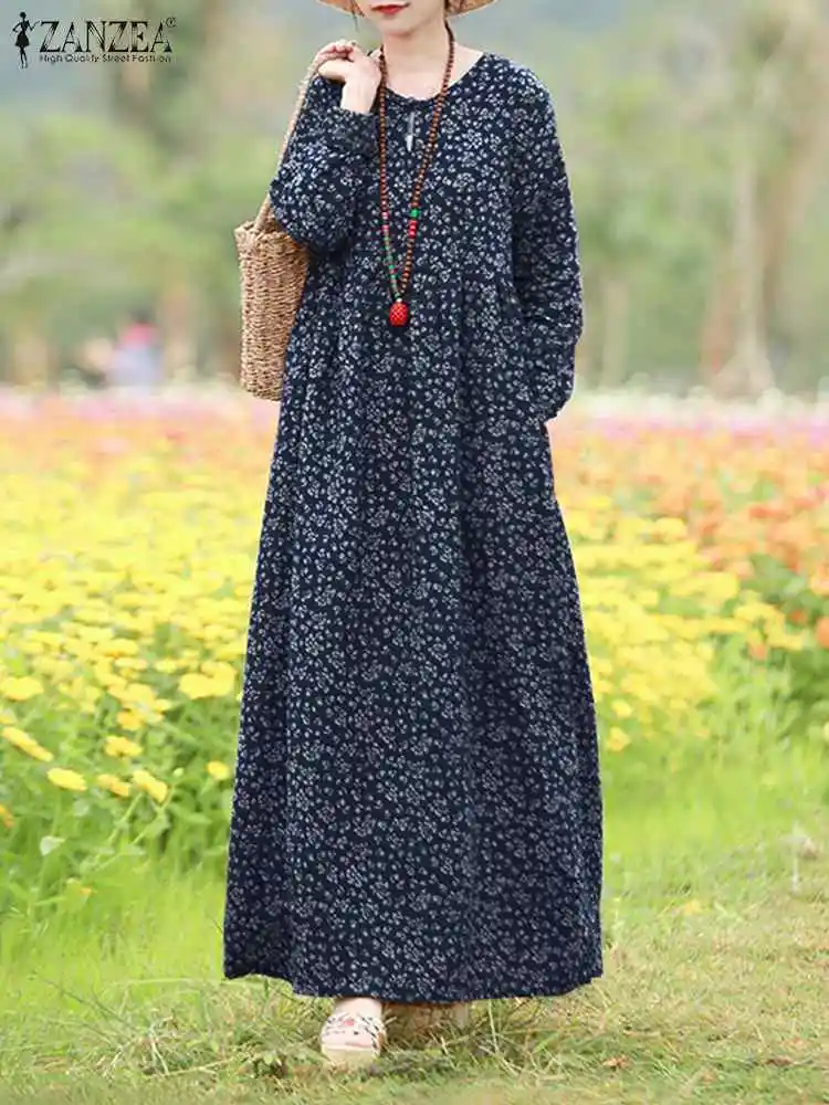 ZANZEA Spring Women Dress Floral Printed Maxi Long Dresses O Neck Long Sleeve Sundress Retro Kaftan Party Vestidos Robe Baggy