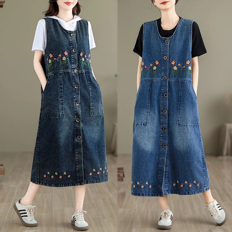 زهرة التطريز المرأة الدنيم فستان الصيف موضة نوعية جيدة خمر الأزرق جيب كبير المرقعة الإناث الفساتين غير رسمية
