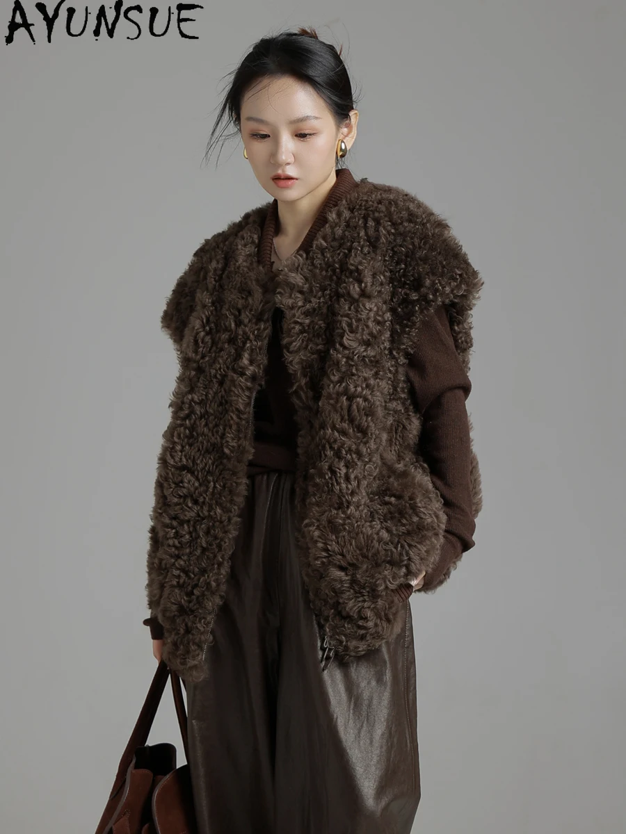 AYUNSUE หนังแกะจริงขนสัตว์เสื้อกั๊กผู้หญิงจริงหนังเสื้อแขนกุดกลางความยาวเสื้อ 2025 ฤดูหนาวเสื้อผ้าหญิงба