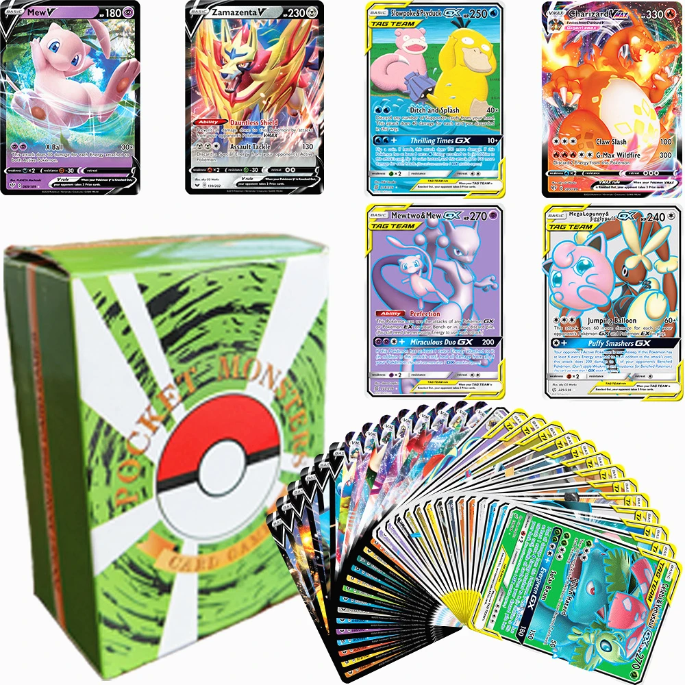 60pcs English Pokemon Cards Tag Team EX GX MEGA VMAX V VSTA Pikachu Evolutions Flash Card Game Carte Trading Collection Cards