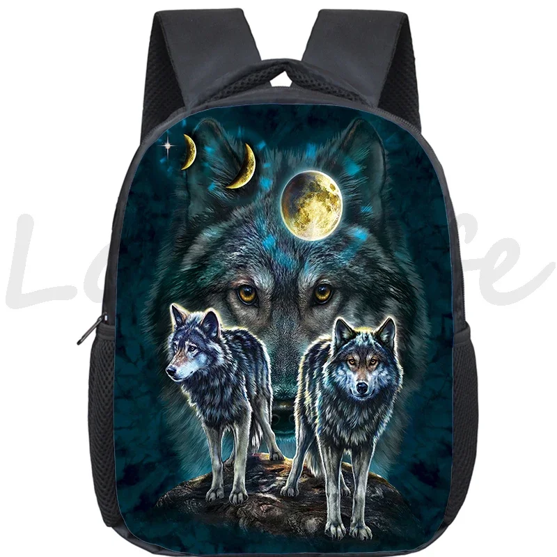 12 Inch Wolf Print School Backpack Kids Kindergarten Bags Girls Boys Bookbag Howling Wolf School Bags Waterproof Toddler Daypack