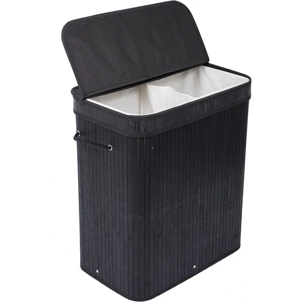 

Складная бамбуковая корзина для белья с крышкой и тканевым вкладышем - черная - с двумя отделениями для удобной транспортировки