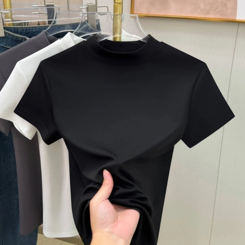 Повседневные женские футболки с коротким рукавом, новые летние однотонные облегающие элегантные базовые футболки, верхние рубашки, простая футболка с высоким воротом