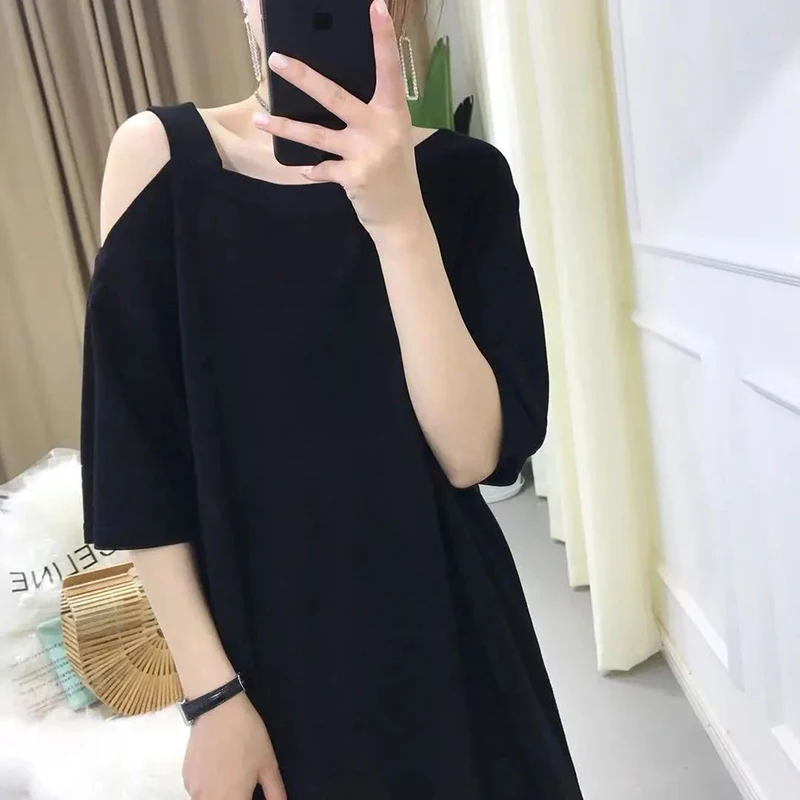 

Fashion Skew Collar Spliced Off Shoulder Casual Dress Female Clothing Summer New Loose Solid Color Short Sleeve Dresses