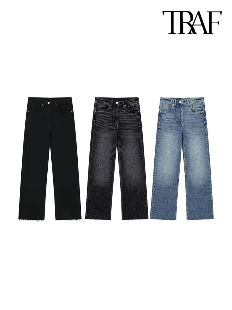 TRAF Damskie jeansy Vintage Fashion Washed Street Casual Wide Leg Jeans Embossed Loose Damskie spodnie Peplum Pants Straight Leg Loose Denim