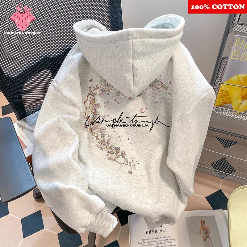 

American floral alphabet Plush Hoodie Men Autumn Winter 2025 New Oversize Cotton Warm Pullover Sweatshirt Y2k Top Mens clothing