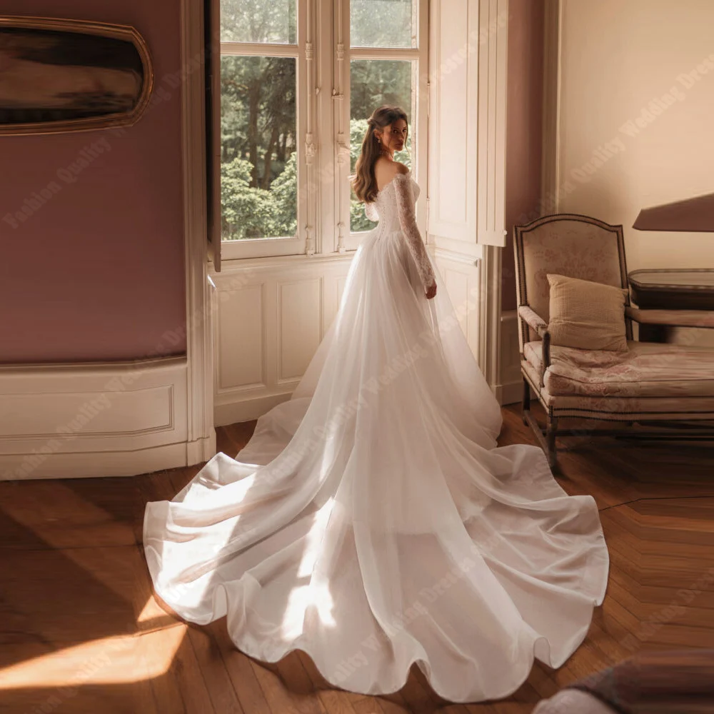 Romantic Wedding Dresses For Women Off The Shoulder Long Lace Sleeves Bridal Gowns Mopping Length Vestidos De Novias Customized