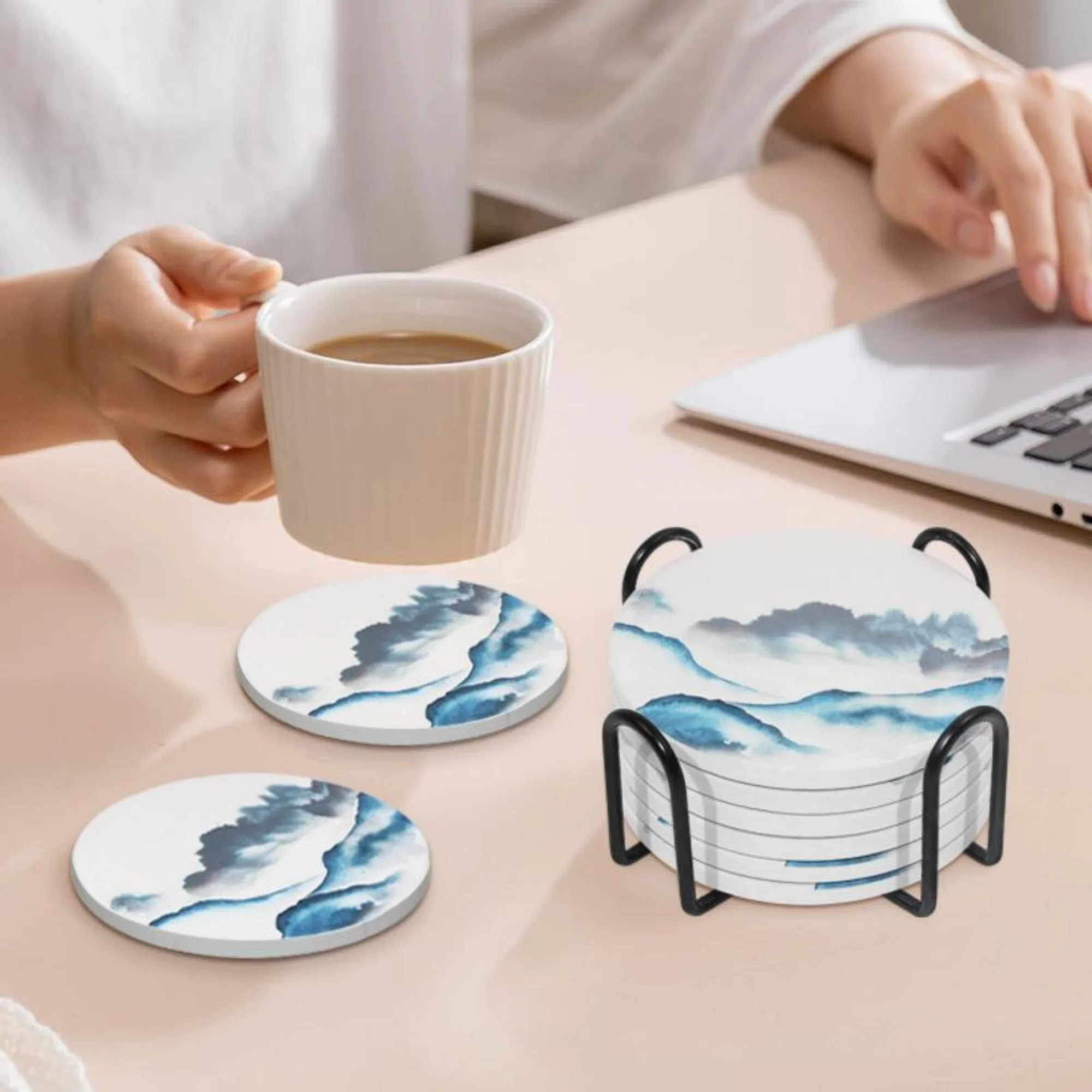 Coaster Drink Set of 6 with Stand (Mountain River Watercolor)