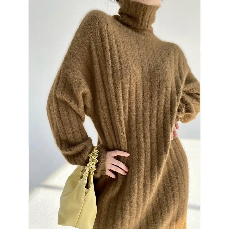 2024 New High Collar Sweater Dress for Women Autumn Winter Mid-length Retro Loose Casual Thick High-end Over-knee Knitted Dress