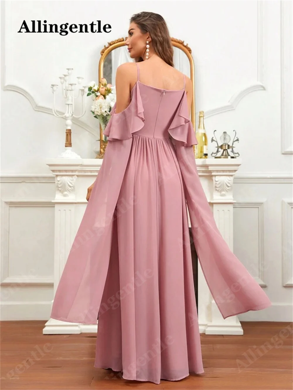 Allingentle Spaghetti Strap V-Neck Bridesmaid Dress 2024 Chiffon Ruffles Sleeves A-Line Prom Gowns Zipper Back vestidos de noche