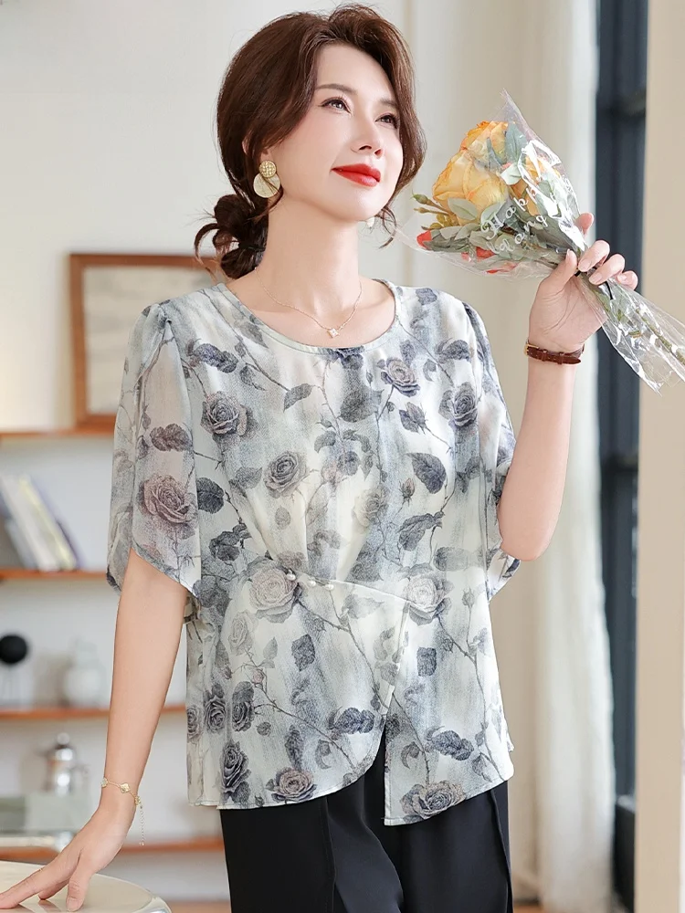 

Ele Summer Outfit for Middle-Aged Women Faionable Chiffon ort-Sve Top And Bot Set Polyester Fiber Loose Fit